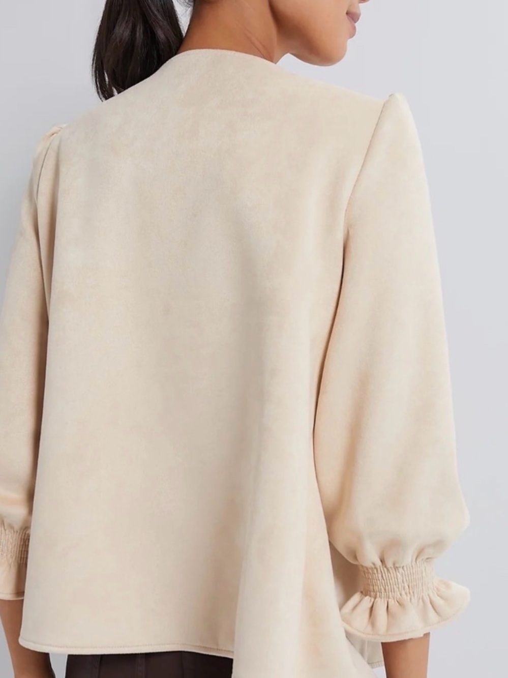 Tuckernuck Easton Faux Suede V Neck Puff Sleeve Blouse Beige Small - Picture 3 of 11